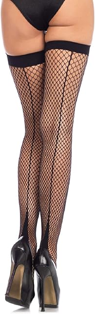 Women's Fishnet Cuban Heel Backseam Thigh Highs, Black, One Size