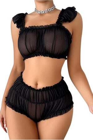 Women's 2 Piece Mesh Sheer Lingerie Set Ruffle Ruched Bra Hipster Underwear Sets