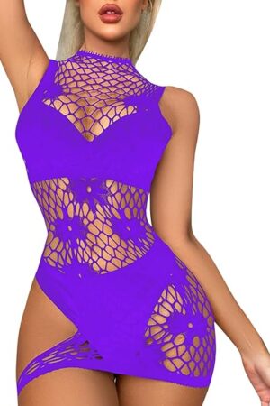 Women Fishnet Lingerie Dress Bodysuit Babydoll Lace See Through Stretchy Tight Nightwear Dress Bodystocking