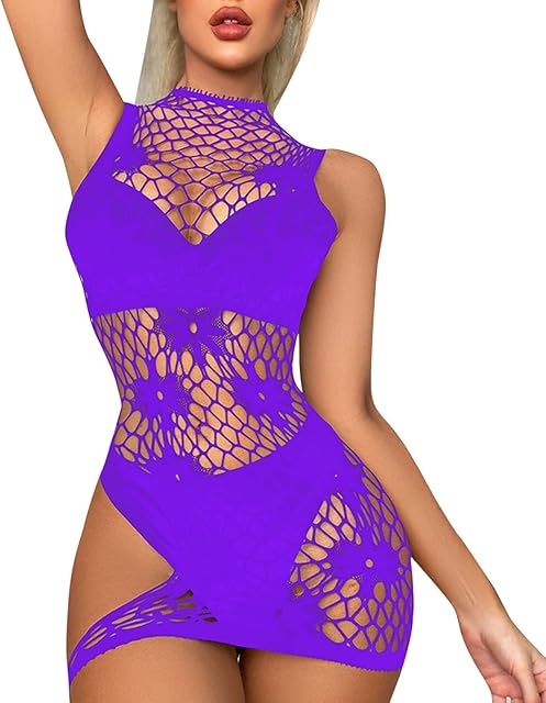 Women Fishnet Lingerie Dress Bodysuit Babydoll Lace See Through Stretchy Tight Nightwear Dress Bodystocking
