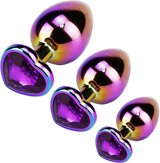 Anal Plug Adult Sex Toy,Adult Sex Toys and Games for Men Women, 3 Pack Metal Anal Plug Heart Shaped Butt Plug for Beginners Advanced Users Unisex Masturbation(Purple/S,M,L)