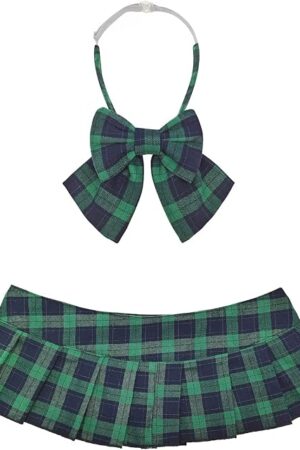 Women Pleated Plaid Micro Mini Skirt Schoolgirl Cosplay Lingerie Skirts Sexy Role Playing Costume Outfit with Bow Tie