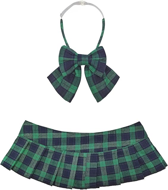 Women Pleated Plaid Micro Mini Skirt Schoolgirl Cosplay Lingerie Skirts Sexy Role Playing Costume Outfit with Bow Tie