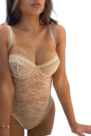 Women Lingerie Bodysuit Sexy Lace Mesh Sheer Sleeveless Backless Low Cut See Through Bodycon Jumpsuit Sleepwear