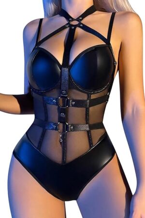 Women Cutout Bodysuit Mesh Sheer One Piece Lingerie Leather Leotard for Cosplay Party Club