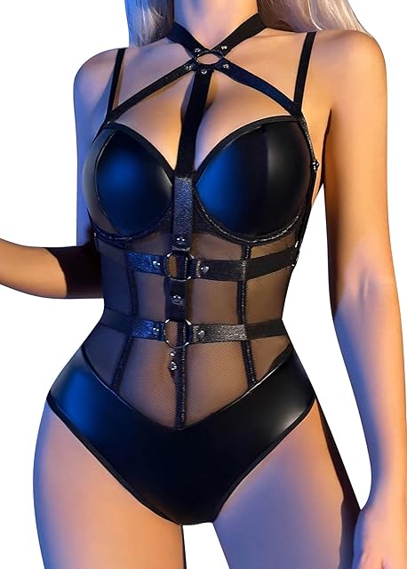 Women Cutout Bodysuit Mesh Sheer One Piece Lingerie Leather Leotard for Cosplay Party Club