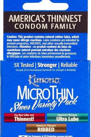 Kimono MicroThin Sheer Variety Pack - Pack of 3 Multiple Styles of Ultrathin Condoms Shapes, Unique Designs in One Pack, Natural Latex Condoms, Vegan-Friendly, No Latex Odor - Enhanced Sensitivity
