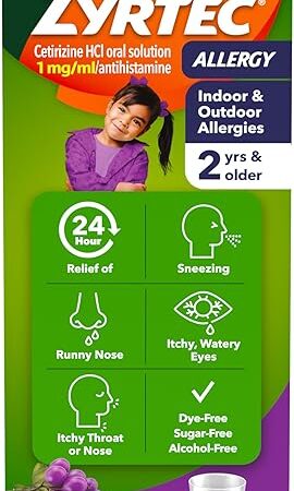 Zyrtec Children's 24 Hour Allergy Relief Syrup, 5 mg Cetirizine Hydrochloride Antihistamine, Kids Allergy Medicine for Indoor & Outdoor Allergy Relief, Dye- & Sugar-Free, Grape, 8 fl oz