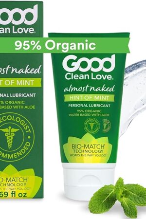 Good Clean Love Almost Naked Hint of Mint Organic Water-Based Lube, Personal Lubricant with Aloe Vera, Safe for Adult Toys & Condoms, pH-Balanced, Intimate Wellness Gel for Men & Women, 1.69 Oz