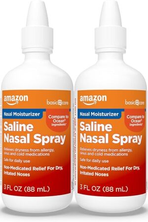 Amazon Basic Care Premium Saline Nasal Moisturizing Spray, Instantly Soothing Nasal Mist Nose Spray, Non-Medicated Relief, 3 fl oz (Pack of 2)