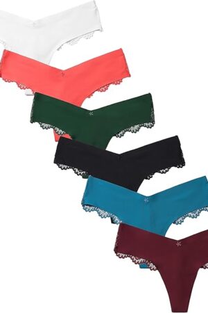 6 Pack of Lace Cheeky Panties for Women, Sexy Underwear Thong, Comfortable No Show Thongs