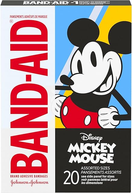 Band-Aid Brand Adhesive Bandages for Minor Cuts & Scrapes, Wound Care Featuring Disney's Mickey Mouse, Fun Bandages for Kids and Toddlers, Assorted Sizes, 20 Count