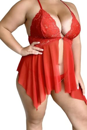 Women Lace Lingerie Front Closure Babydoll V Neck Lingerie Dress with C-string panty 2 Piece Plus Size