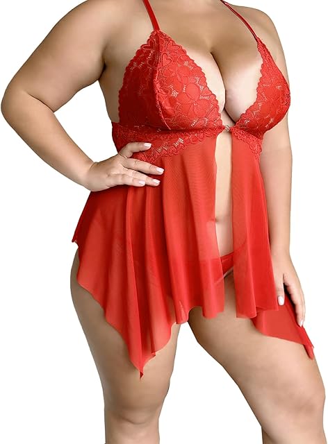 Women Lace Lingerie Front Closure Babydoll V Neck Lingerie Dress with C-string panty 2 Piece Plus Size