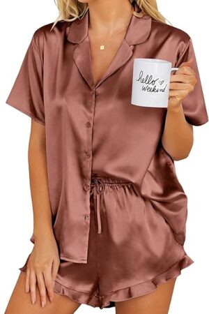 Womens Satin Pajamas Set Button Down 2 Piece Silky Pjs Shorts Set Notch Collar Sleepwear