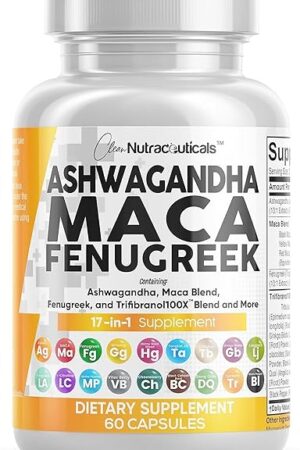 Clean Nutraceuticals Ashwagandha Maca Root Fenugreek Supplement with Tongkat Ali Ginseng - Assists with Stress, Mood & Thyroid - Ashwagandha Capsules Fenugreek Caps - 1 Pack