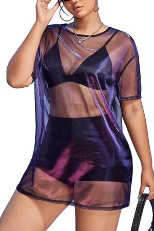 Women's Plus Size Sexy See Through Mesh Short Sleeve Party Night Loose Tshirt Dress