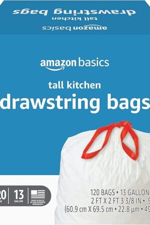 Amazon Basics Trash Bags, Tall Kitchen Drawstring, Unscented, 13 Gallon, 120 Count, Pack of 1