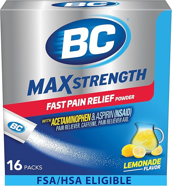 BC MAX Strength Fast Pain Relief Powder, Lemonade Flavor Aspirin 500mg and Acetaminophen 500mg Dissolve Packs, 16 Count