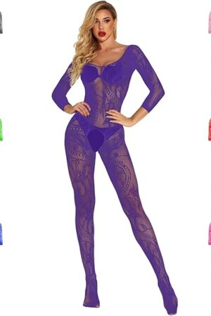 Women's Sexy Lace Fishnet Bodysuit Long Sleeve Mesh Jumpsuit Full Body Stockings Net Bodysuit
