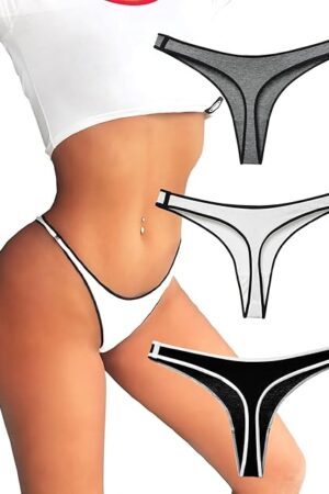 Womens Cotton Thongs Underwear Breathable No Show Cheeky Panties Tangas Sexy for Everyday Workout 3 Pack Set