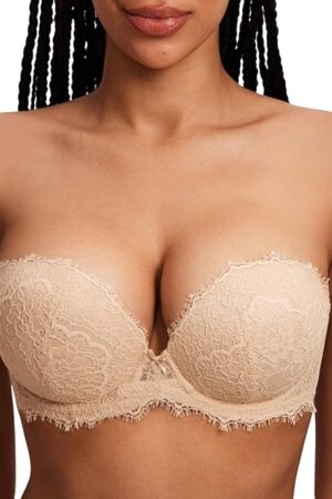 Women's Strapless Push Up Bra Lace Plus Size Plunge Padded Underwire Bras Add 1 Cup