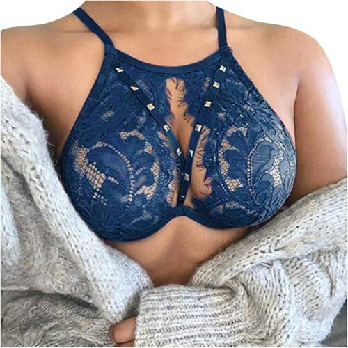 WUAI Sexy Lingerie for Women Eyelash Lace Lingerie Bra Hollow Out Bandage Halter Neck Backless Bras Buster Crop Top