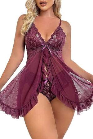 Lace Lingerie for Women Babydoll V Neck Nightwear Sexy Chemise Nightie Mesh Sleepwear Floral Hem Sleepshirt