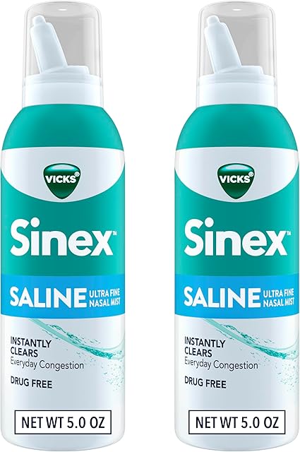 Vicks Sinex SALINE Nasal Spray, Drug Free Ultra Fine Mist, Clear Everyday Sinus Congestion Fast, Clear Mucus from a Cold or Allergy, Daily Use 50 fl oz x 2