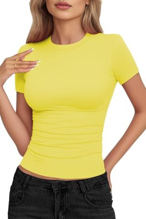 Womens Basic Short Sleeve Crew Neck T Shirt Slim Fit Tees Summer 2025 Y2k Going Out Fitted Top Cute Tight Shirts