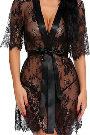 Women Kimono Robe Floral Lace Babydoll Lingerie Sheer Mesh Nightgown