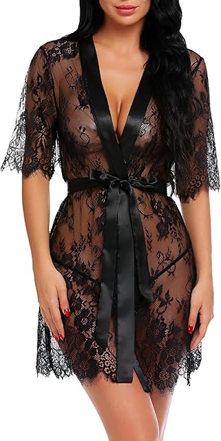 Women Kimono Robe Floral Lace Babydoll Lingerie Sheer Mesh Nightgown