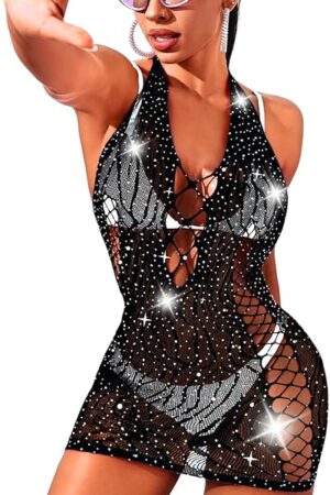 Women Sexy Rhinestone Exotic Dancewear, Club Rave Outfits Sheer Fishnet Bodysuit, Halter Backless Mini Coverup Dress