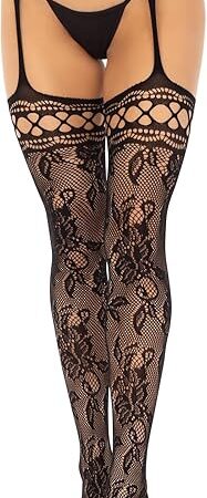 French rose lace backseam stockings with attached garter belt, O/S, BLACK