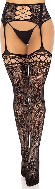 French rose lace backseam stockings with attached garter belt, O/S, BLACK