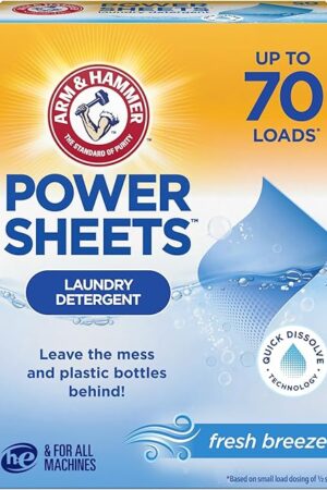 ARM & HAMMER Power Sheets Laundry Detergent, Fresh Breeze Scent, No Mess, Lightweight and Travel-Friendly, 35 Count, Up to 70 Small Loads