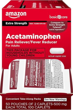 Amazon Basic Care - Extra Strength Acetaminophen Caplet 500 mg, 100 Count ( 50 pouches of 2 caplets )