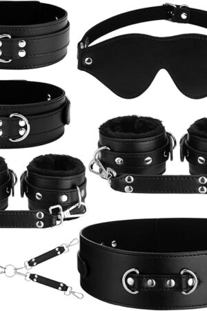 6 Pcs Bondage Kit Restraints Toys Adjustable Leather Handcuffs Thigh Cuffs Ankle Shackles Waist Strap Blindfold Cross Buckle Cosplay Adult Games Toys for Men Women Couples(Black)