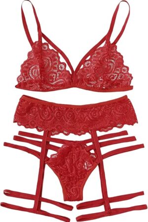 Women's 3 Pieces Floral Lace Mesh Garter Straps Lingerie Set