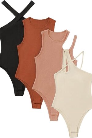 Women's 4 Piece Sexy Bodysuits Casual Solid Sleeveless Ribbed Knit Shapewear Tank Top Bodysuits