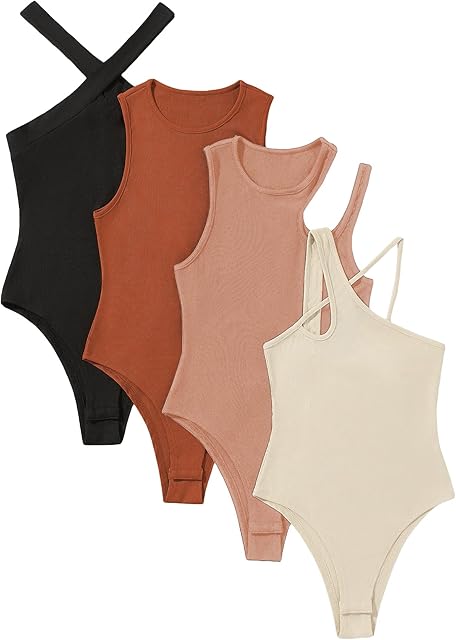 Women's 4 Piece Sexy Bodysuits Casual Solid Sleeveless Ribbed Knit Shapewear Tank Top Bodysuits