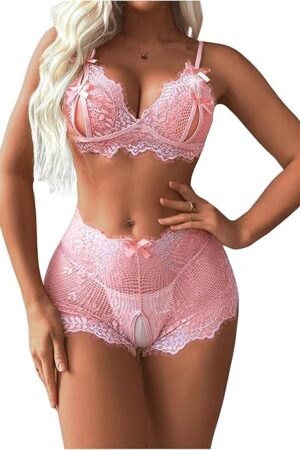 Women's 2 Piece Glitter Lingerie Set Floral Lace Bow Knot Bra and Shorts Sets