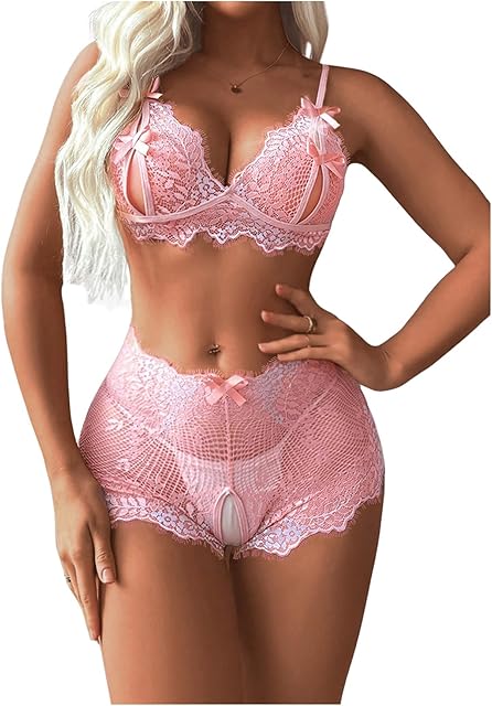 Women's 2 Piece Glitter Lingerie Set Floral Lace Bow Knot Bra and Shorts Sets