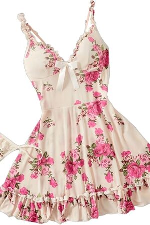 Women's Floral Nightdress Mesh Nightgown Sexy Ruffle Hem Chemise Nightgowns Full Slip Lingerie Bow Babydoll Sleepwear