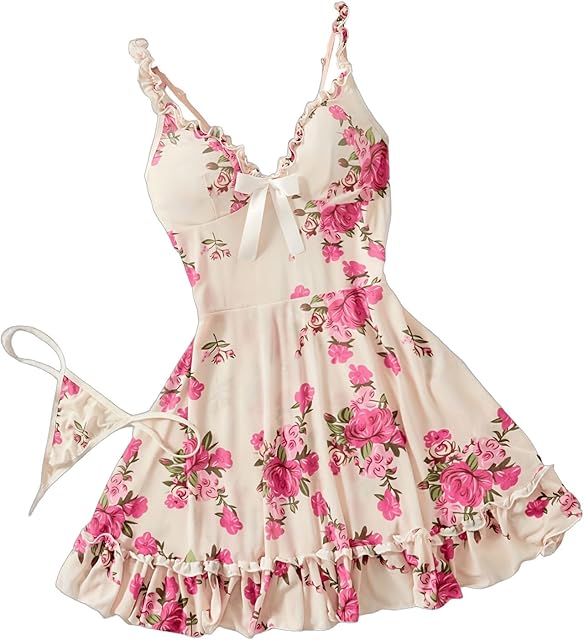 Women's Floral Nightdress Mesh Nightgown Sexy Ruffle Hem Chemise Nightgowns Full Slip Lingerie Bow Babydoll Sleepwear