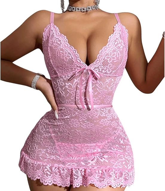 Women Sexy Lace Babydoll Lingerie Mesh Chemise Nightgown V-Neck Full Slips Nightdress Boudoir Pajama Dress