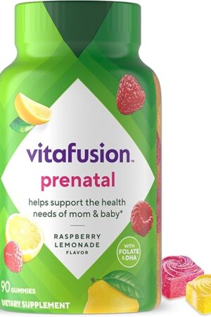 vitafusion PreNatal Gummy Vitamins, Raspberry Lemonade Flavor, Prenatal Vitamin Supplement for Women with Folate and DHA, 45 Day Supply, 90 Count