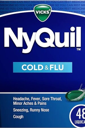 VICKS NyQuil Cold & Flu Relief Over-the-Counter Medicine, Powerful Multi-Symptom Nighttime Relief for Headache, Fever, Sore Throat, Minor Aches & Pains, Sneezing, Runny Nose, and Cough, 48 LiquiCaps