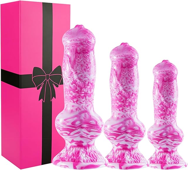3 Pcs Silicone Animal Dog Knot Dildos Set (7'' 8'' 10''), Thick Big Wolf G-Spot Dildo Suction Cup Anal Training Set, Fantasy Canine Anal Plug Prostate Penis Dildo Strap On Sex Toy for Women Men Pink