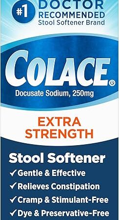 Colace Extra Strength Stool Softener for Gentle Effective Constipation Relief, #1 Doctor Recommended Stool Softener Brand, 250 mg Docusate Capsules, 60 Count (Pack of 1)